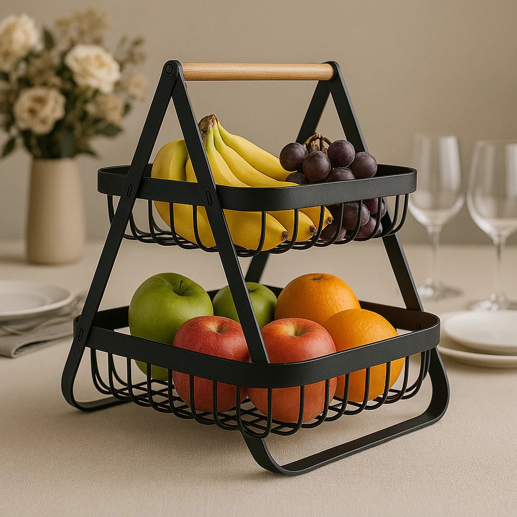 Fruteira de Mesa 2 Andares Ferro e Bambu